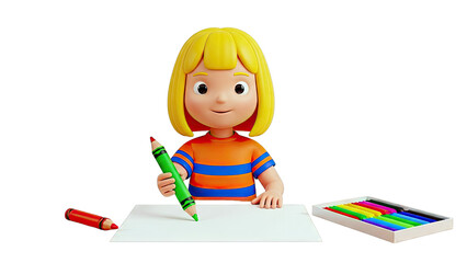 Cartoon Child Drawing with Crayons