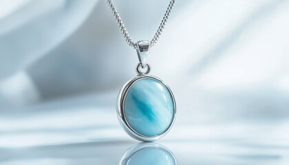 Oval larimar stone pendant on silver chain. Blue gemstone jewelry accessory for women. Minimalist, elegant, and delicate necklace for daily wear