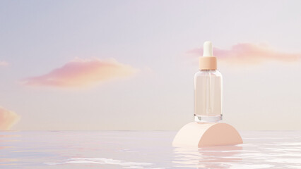 Minimal abstract 3D background featuring a transparent skincare dropper bottle placed on a soft pastel podium above a calm reflective water surface, designed for cosmetic advertising
