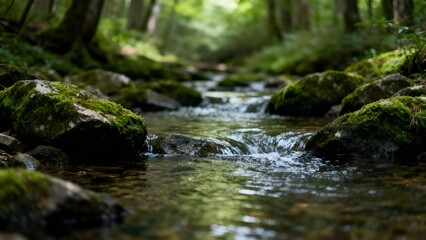Small forest stream flowing through moss-covered rocks in a shaded woodland.