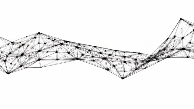 Abstract representation of interconnected triangular shapes and lines forming a wave-like structure with a monochrome palette