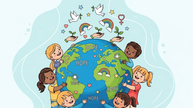 Diverse children holding planet Earth with symbols of peace hope and growth concept for global unity and environmental care illustration