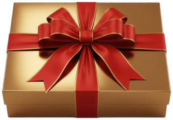 Gold gift box with luxurious red ribbon bow and metallic finish