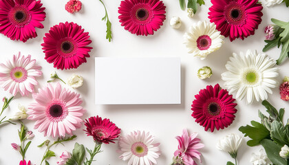 Colorful gerbera daisy and chrysanthemum bouquet with blank greeting card for personalization