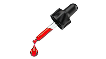 Dropper with red liquid and a drop falling