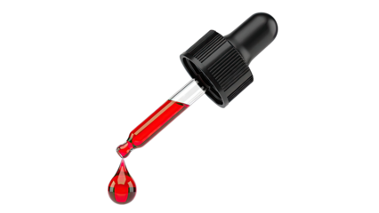Dropper with red liquid and a drop falling