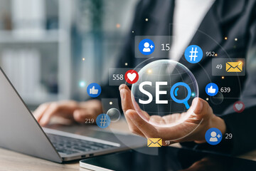 Businesswoman showing analysis SEO Search Engine Optimization.