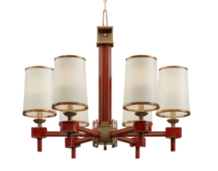 Warm glow from a six-light chandelier with cylindrical shades on a dark background