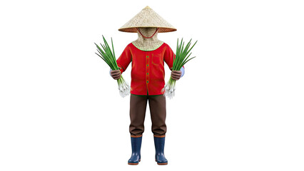 Farmer in Conical Hat Holding Freshly Harvested Scallions