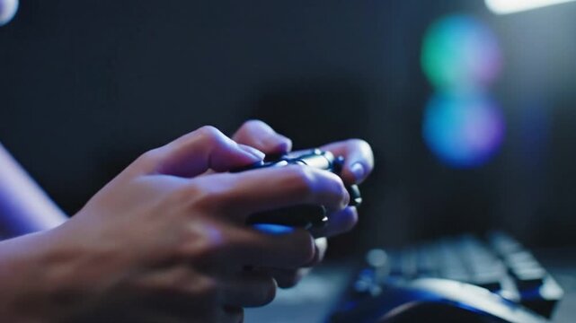 Focused gamer&acirc;&euro;TMs hands intently playing video games with controller in a low lit room with colorful accents