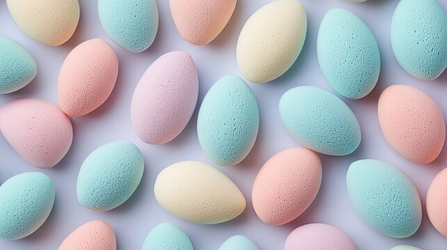 Pastel Beauty Blender Sponges With Damp Texture, Neatly Arranged Still Life Display