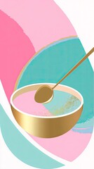 Abstract illustration of a golden bowl and spoon with colors.