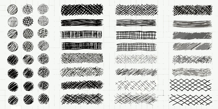 A collection of various hand drawn scribble and shading textures on lined paper