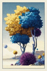 Stippling Illustration of Surreal Trees and Mysterious Landscape