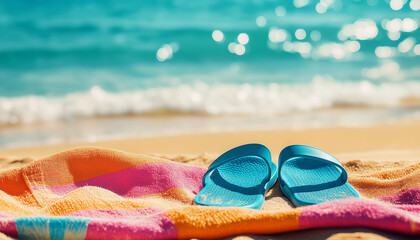 Turquoise flip-flops rest on a colorful beach towel on warm sand. Gentle ocean waves roll toward the shore under a clear blue sky
