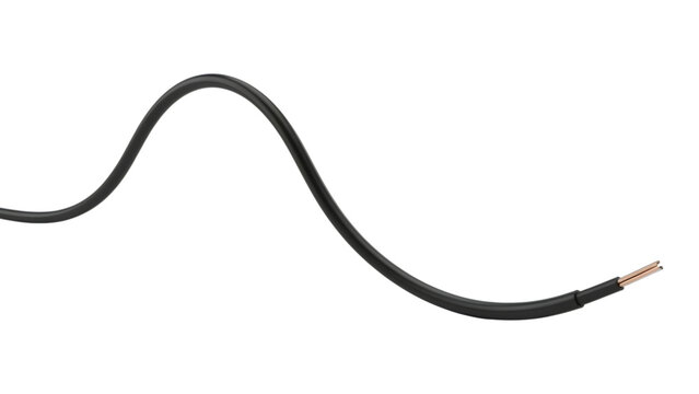 black electric cable with exposed copper wires at the end on transparent background