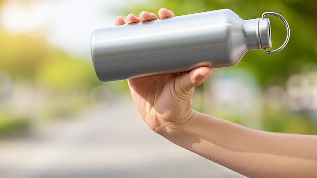 Eco-friendly stainless steel water bottle held outdoors on a sunny day