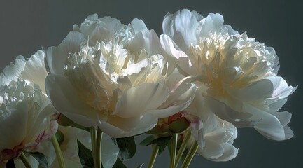 Close up of soft white peony flowers illuminated by gentle light