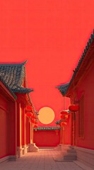 Red Chinese Palace Sunset Scene With Lanterns and Buildings