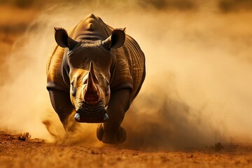 A determined rhinoceros runs forcefully, kicking up dust in a golden-lit savanna landscape