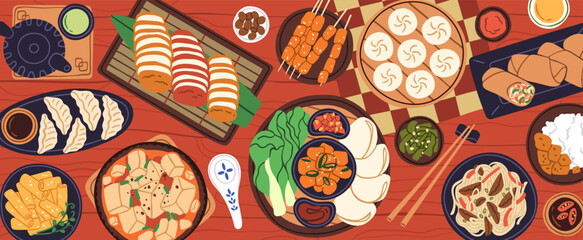 Chinese food on table, top view. Traditional Asian cuisine with dumplings, noodles, rice, soup, skewers, sauces and chopsticks. China dinner, served dishes, meal from above. Flat vector illustration