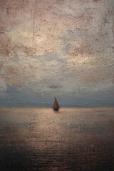 Sailboat on the Water, Vintage Painting, Textured Sky