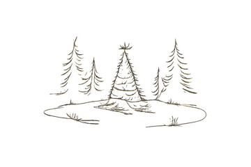 Fototapeta premium Minimalist Christmas Tree. Christmas tree light in forest clearing. Minimalistic one-line drawing radiant tree