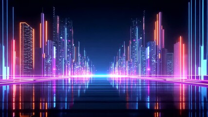 Futuristic city skyline with neon lights and reflections, creating a vibrant and modern cityscape. - Powered by Adobe