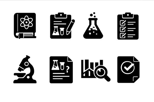 Science Homework Icons. Science Homework. Filled icon set of Science Homework: science textbook, experiment