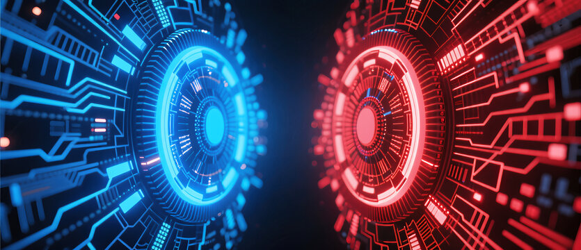 Dual Blue and Red Glowing Cybernetic Core Tech Abstract