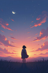 Solitary Figure Gazing at Sunset Sky with Crescent Moon