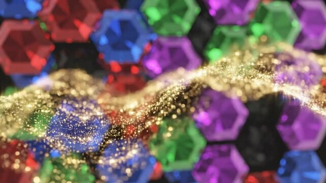 Abstract shimmering golden particles flowing over colorful hexagonal gems creating a magical display.