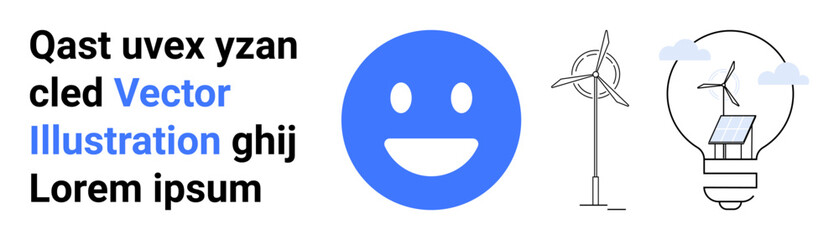 Fototapeta premium Renewable energy, environmental solutions, sustainable living, eco-friendly design, happiness, clean energy. Blue happy face, wind turbine solar panel integrated with light bulb. Renewable energy
