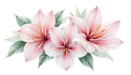 Fototapeta premium Watercolor Pink Amaryllis Flowers with Green Leaves