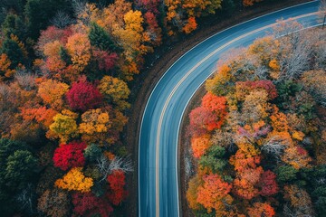 Aerial view of winding road cutting through vibrant fall foliage landscape