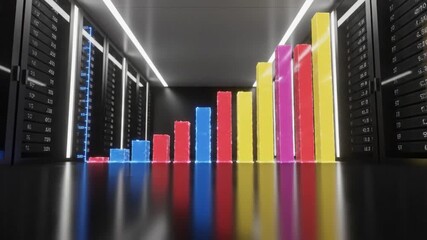 Colorful 3D rendered bar chart rising in a dark server room with data center racks and glossy floor - Powered by Adobe