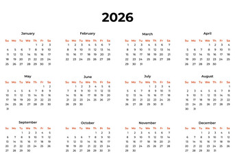 Vector calendar for 2026 in English