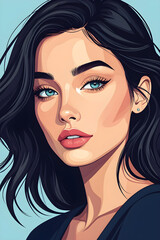 Stylized Portrait of a Woman with Dark Hair and Blue Eyes