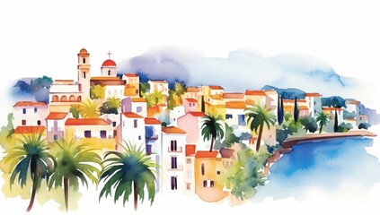 A colorful watercolor painting of a coastal town with white buildings, red roofs, palm trees, and a serene waterfront view.