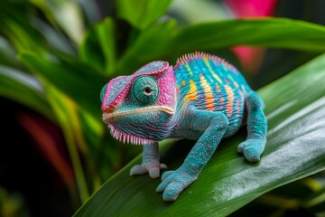 Close-up of a panther chameleon with vibrant pink, blue, and yellow coloration perched on a green leaf in a tropical setting