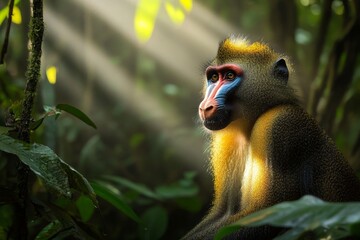 Close-up portrait of a colorful mandrill with vibrant facial features, illuminated by sunlight in a lush jungle setting