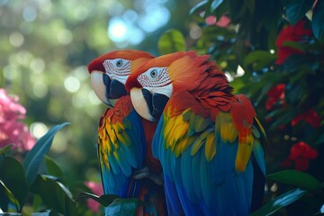 Two scarlet macaws perched together, surrounded by vibrant green foliage and tropical flowers