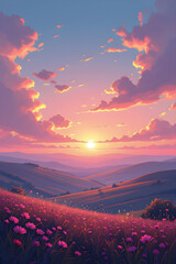 Sunset Over Rolling Hills with Pink Flowers Keywords: sunset, landscape, hills, rolling, flowers