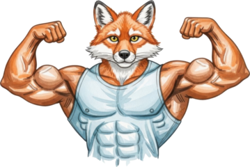 Muscular fox character flexing muscles isolated on transparent background