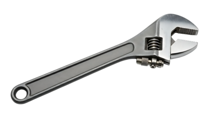 high-quality silver adjustable wrench with long handle and gripping jaws for various tasks and projects on transparent background