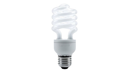 A compact fluorescent lamp cfl bulb with a spiral shaped clear glass tube and a silver edison screw base for energy efficient lighting solutions on transparent background. on transparent background