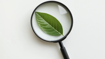 A close-up view of a green leaf under a magnifying glass, highlighting its intricate details against a light background.