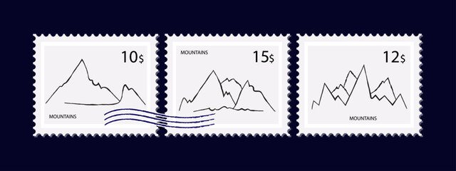 Mountain line art postage stamp. Contemporary philatelic. A collection of paper outline mountain and rocky slopes. Landscape with peaks, postage stamp for sending a letter by mail. Vector illustration