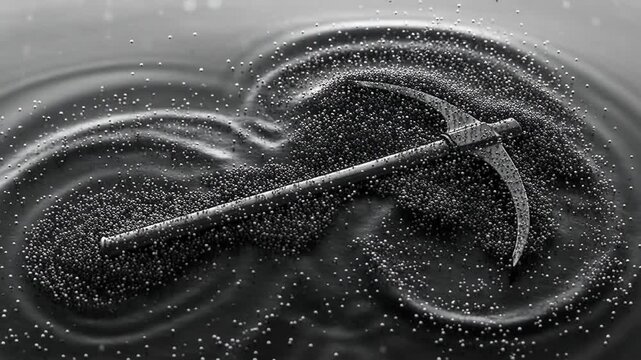 A close-up of a dark-colored hammer submerged in rippling water, surrounded by splashing droplets creating a captivating visual effect