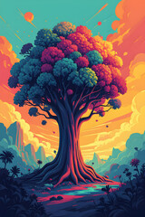 Vibrant fantasy tree with colorful foliage and surreal landscape
